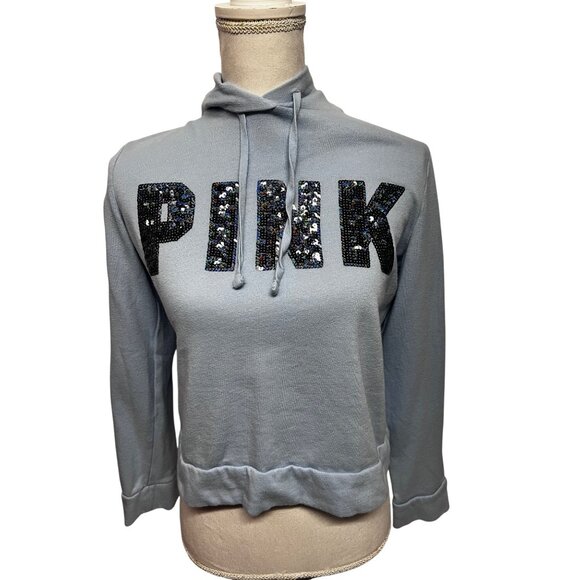 Victorias Secret Pink Womens Blue Sequin Crop Sweatshirt Hoodie Small Relaxed - Picture 1 of 9